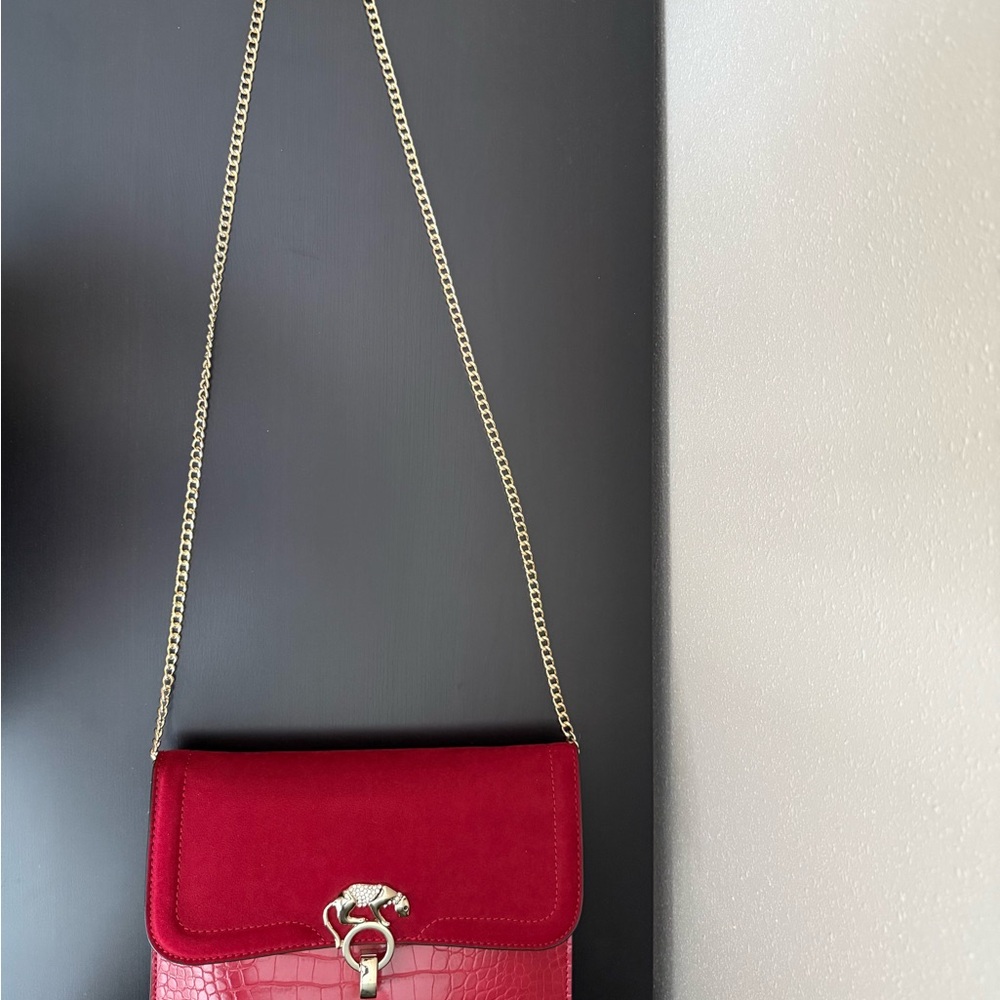Topshop Red Panther Clutch Gold Chain Crossbody Y2K Statement Bag - Picture 3 of 5